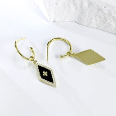 Black Agate Rhombus with Zircon Silver Drop Earrings for Women