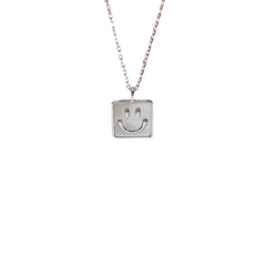 Smiley Face Square Pendant Silver Necklace for Women