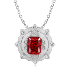 Palace Style Carved Round Pendant Rectangle Red Zircon Silver Necklace