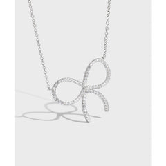 Simple Zircon Bow Pendant Silver Necklace for Women