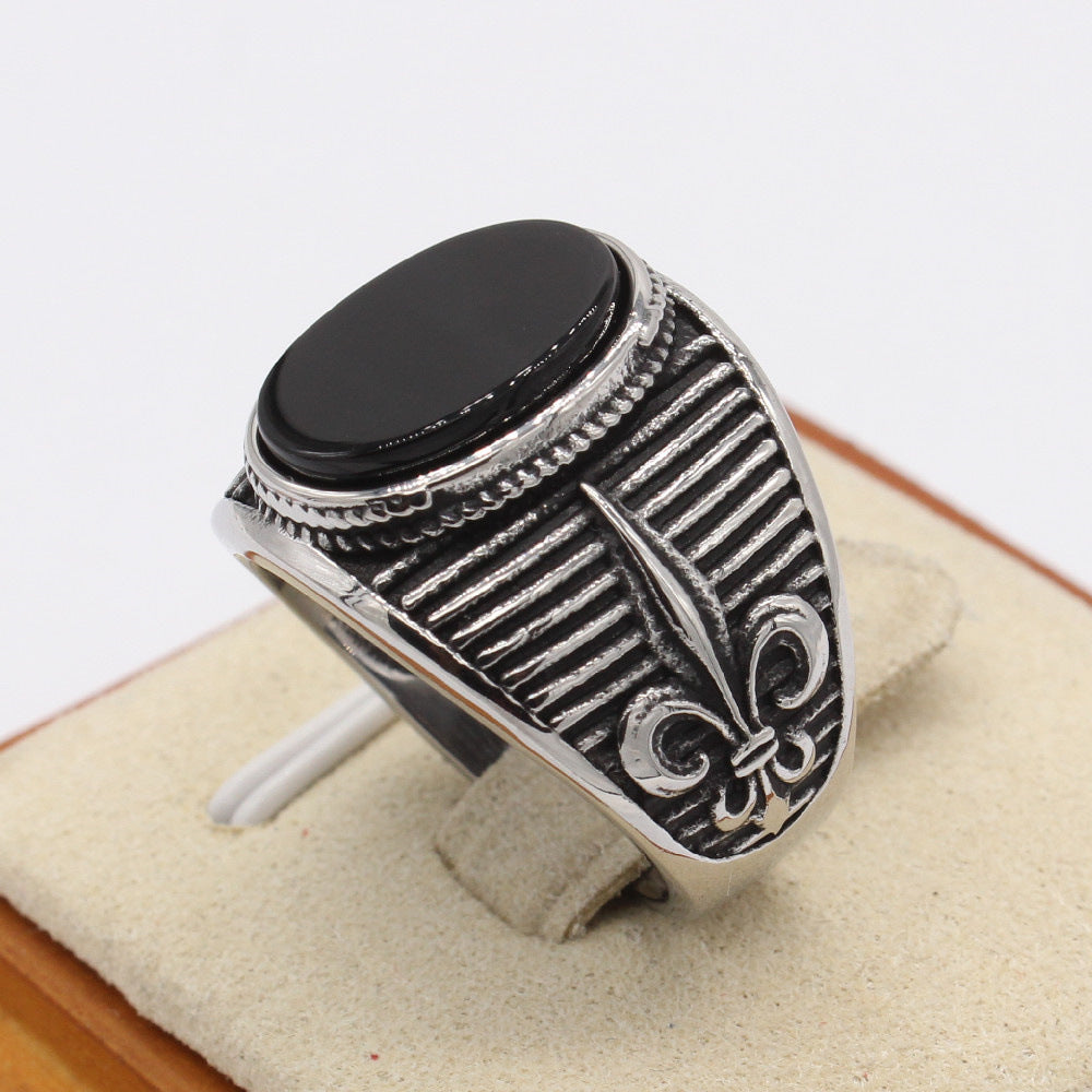 Black Stone Childern Flower Titanium Steel Ring for Men