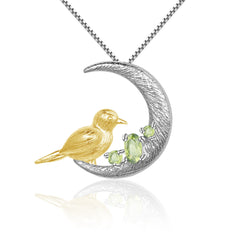 National Style Natural Colourful Gemstone Bird and Crescent Pendant Silver Necklace for Women