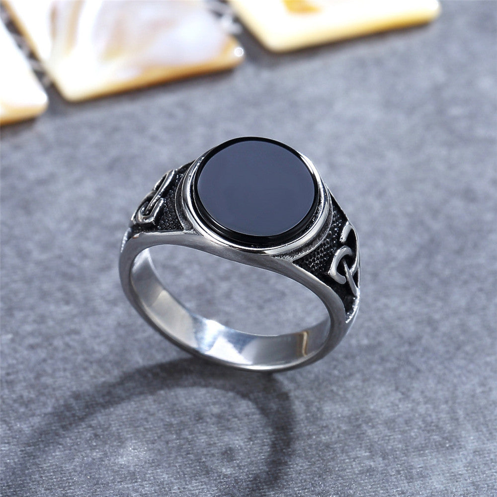 Vintage Viking Round Stone Titanium Steel Ring for Men