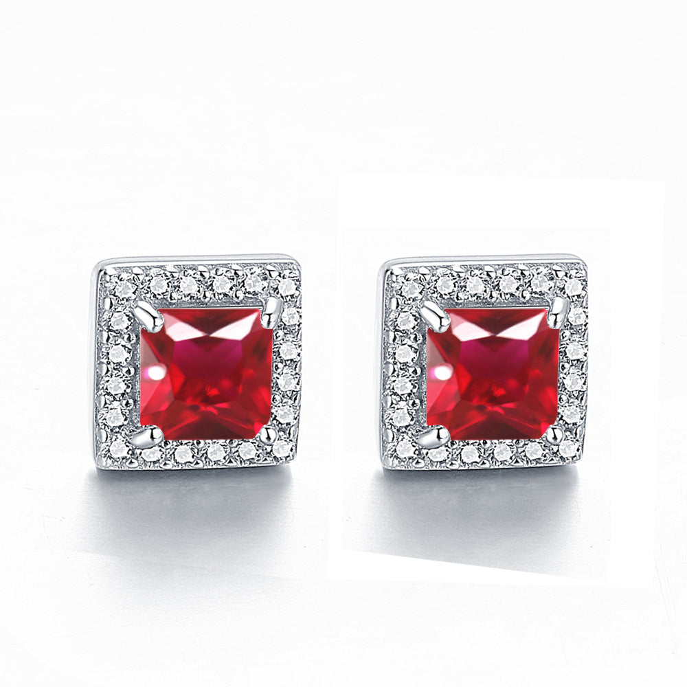 Square Zircon Soleste Halo Silver Studs Earrings for Women