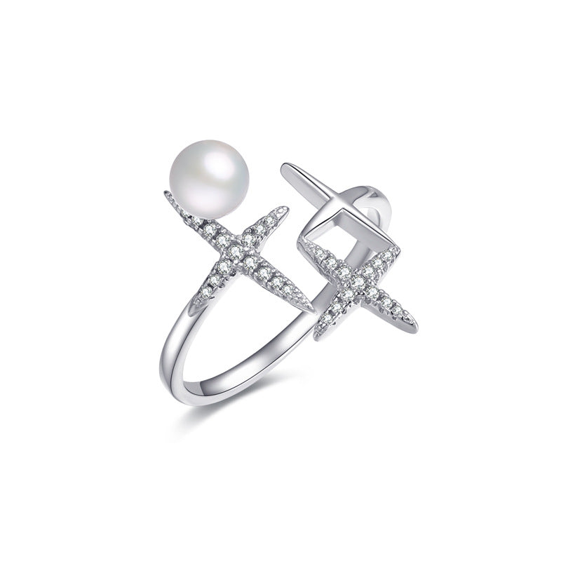 Zircon Cross Star with Pearl Silver Ring