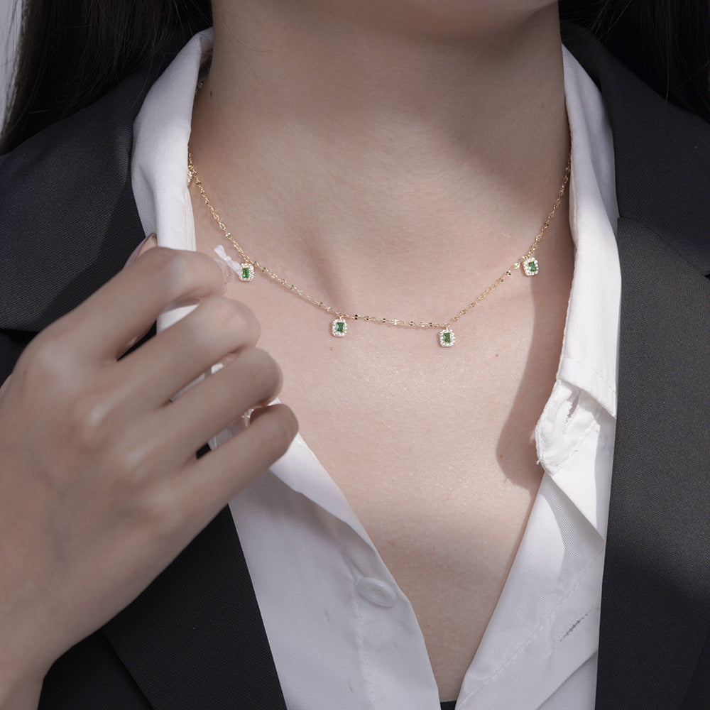 (Two Colours) Emerald Colour Zircon 925 Silver Collarbone Necklace for Women