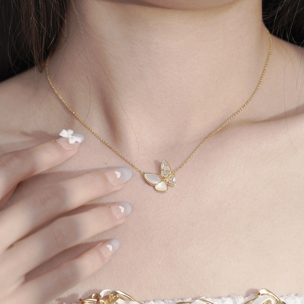 White Mother of Pearl Zircon Butterfly Silver Necklace