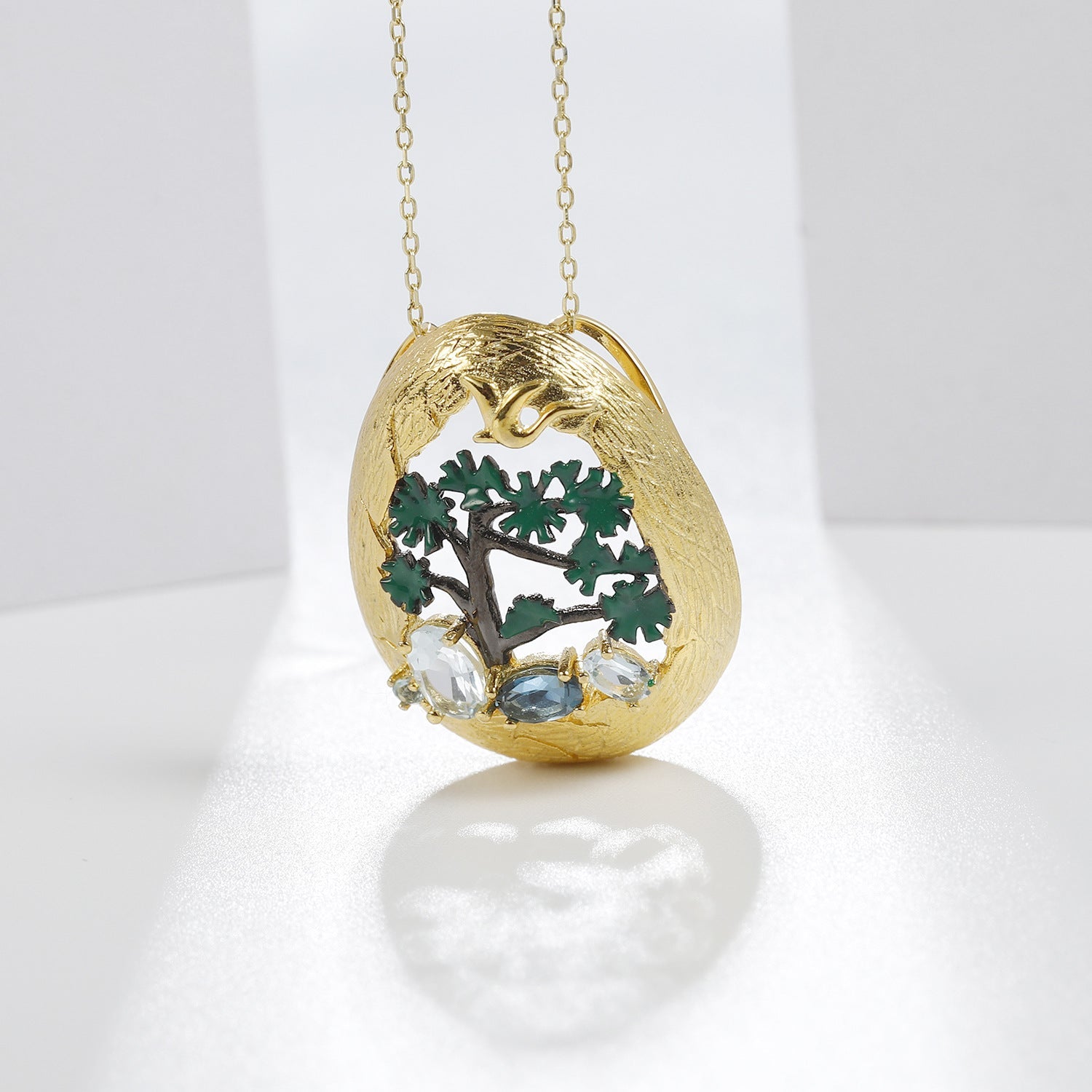 High-level Personality Natural Design Colorful Gemstone Egg Shape with Tree Pendant Silver Necklace for Women