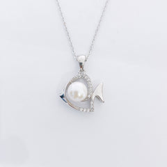 Zircon Fish with Pearl Pendant Silver Necklace for Women