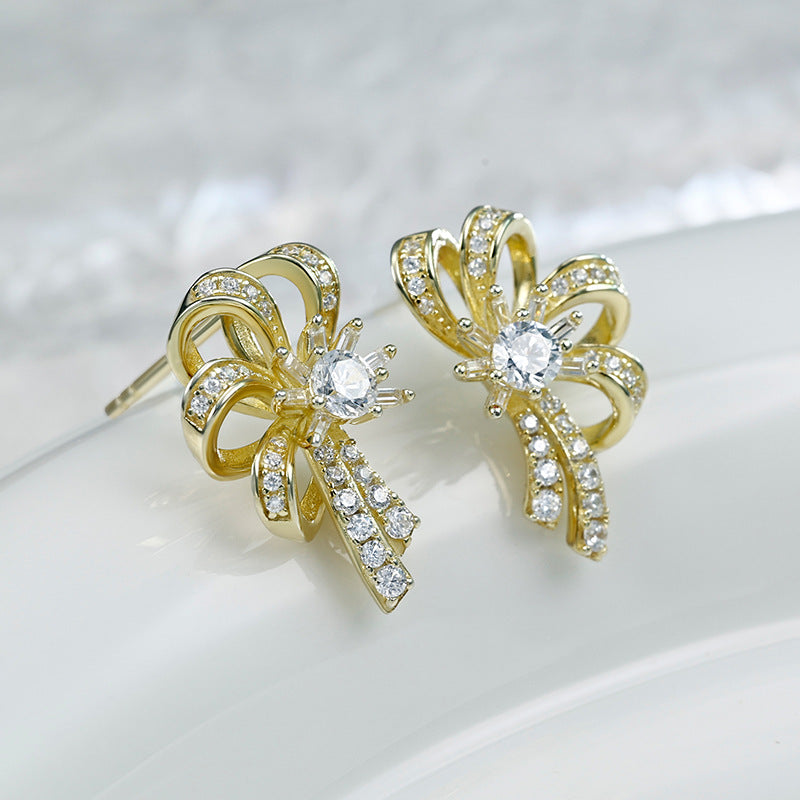 Zircon Hollow Bowknot Silver Studs Earrings for Women