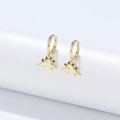 Black Zircon Cute Dinosaur Silver Drop Earrings for Women