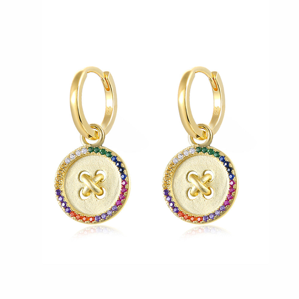 Button with Colourful Zircon Silver Drop Earrings for Women