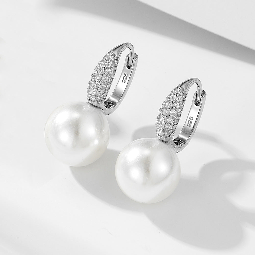 Round Pearl Zircon Sterling Silver Hoop Earrings