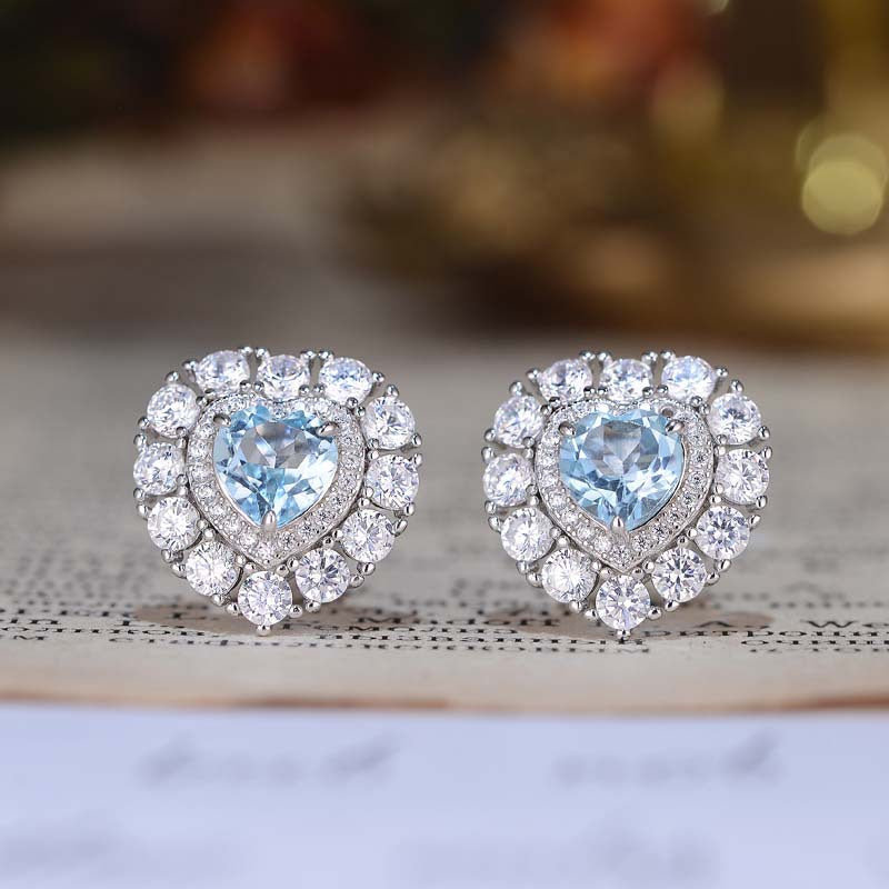 Halo Heart Shape Natural Blue Topaz Studs