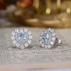 Halo Heart Shape Natural Blue Topaz Studs