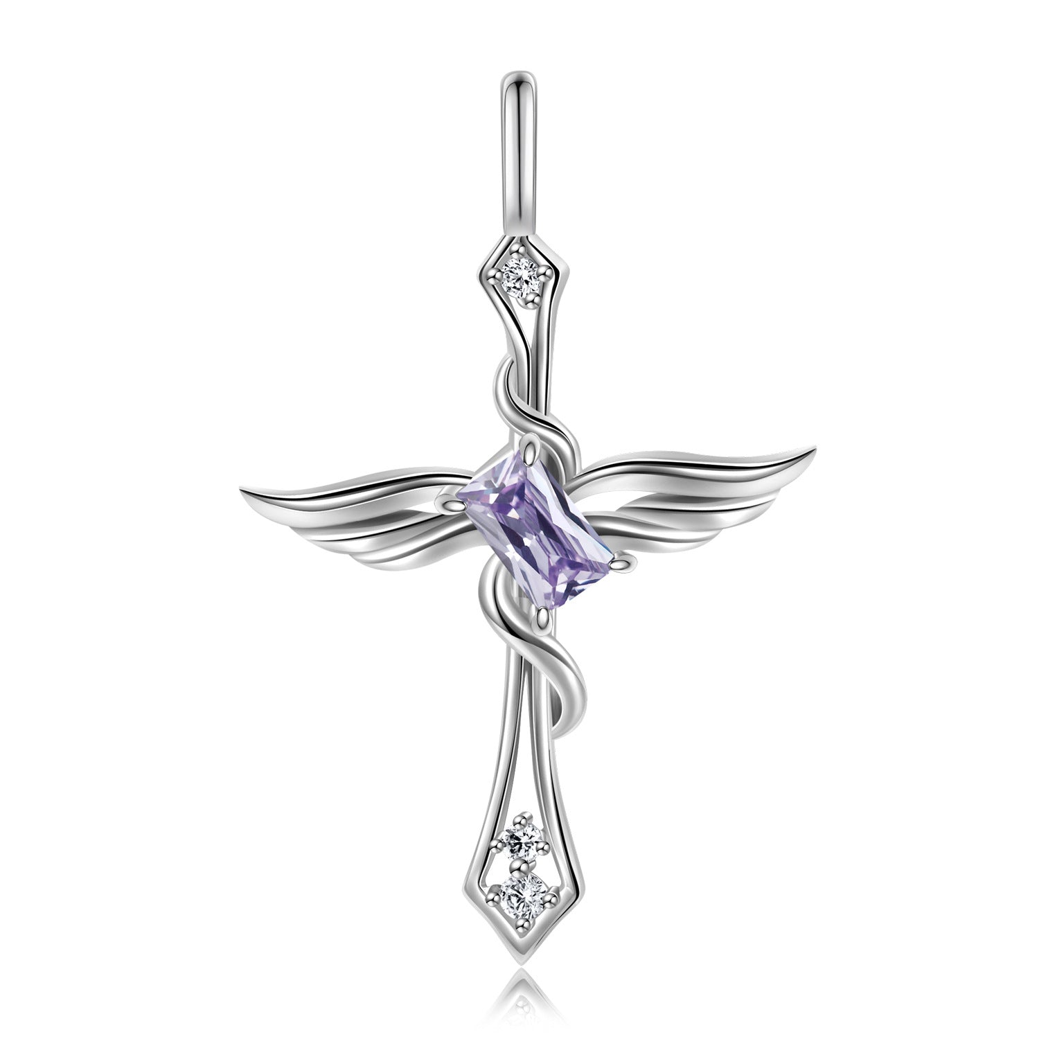 Colourful Radiant Cut Zircon Angle Wings Cross Pendant Silver Necklace