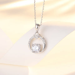 Round Zircon Hollow Circle with Small Heart Pendant Silver Necklace for Women