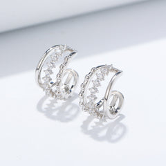 Geometric Hollow Beading Zircon Silver Earbone Clip Earrings for Women