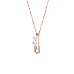 Zircon Pin with Pearl Pendant Silver Necklace for Women