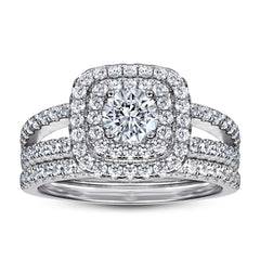 Round Zircon Soleste Halo Split Shank with Half Eternity Silver Ring Set