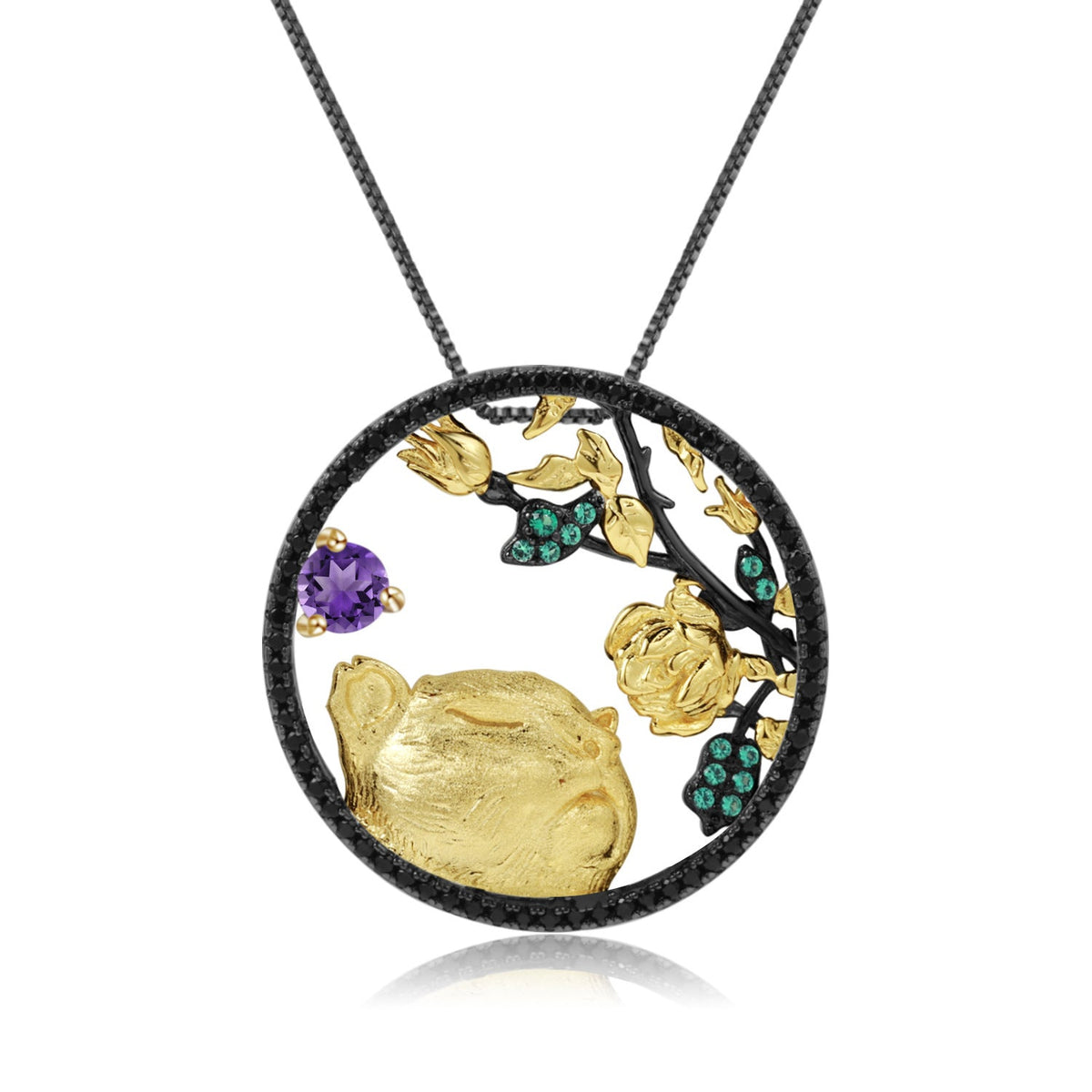 Animal Element Design Zodiac Series Inlaid Natural Colourful Gemstone Tiger Pendant Silver Necklace for Women