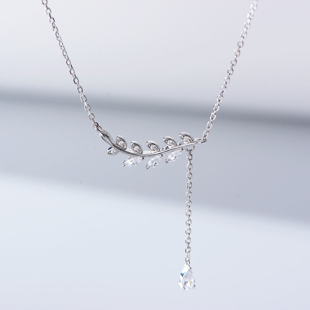 White Zircon Leaf Tassel Sterling Silver Collarbone Necklace for Women