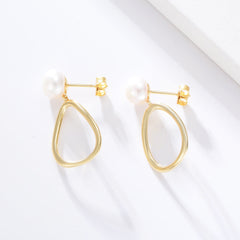 Pearl with Hollow Egg Shape Silver Drop Earrings for Women