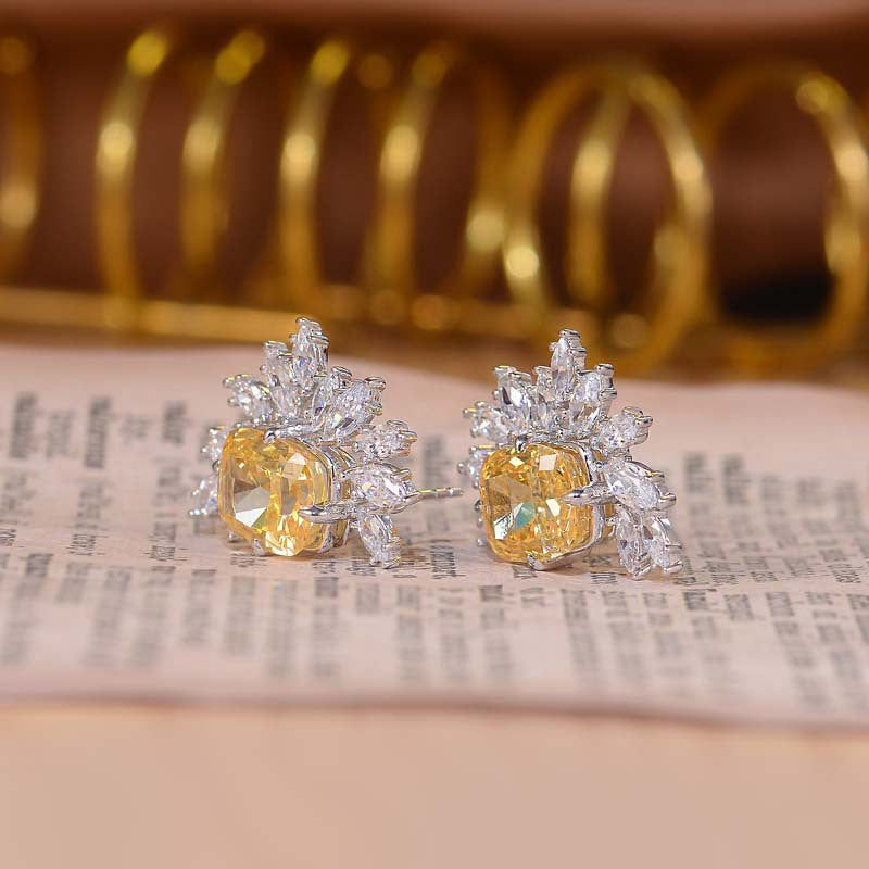 Yellow Zircon 9*11mm Rectangle Ice Cut Half Annular Petals Silver Studs Earrings for Women