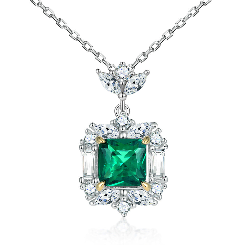 Green Square Zircon Pendant Silver Necklace for Women