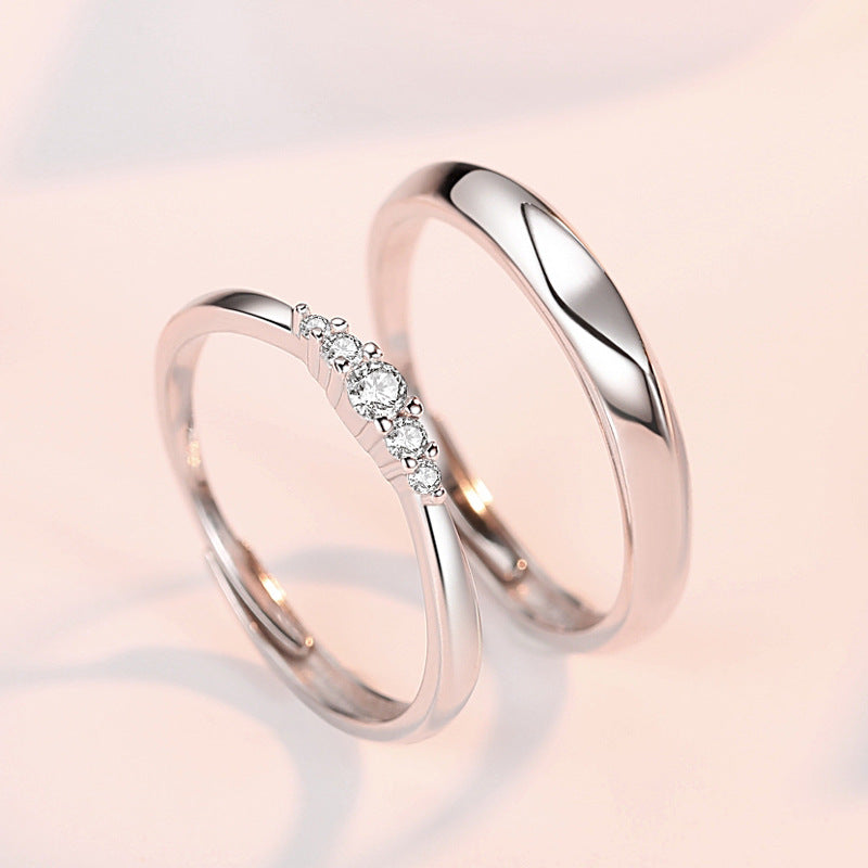 Simple Silver Couple Ring with Zircon