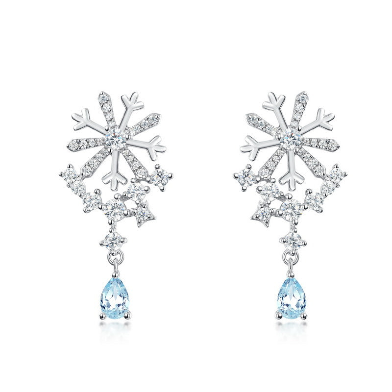 Zircon Snowflake with Pear Shape Sky Blue Topaz Sterling Silver Drop Earrings