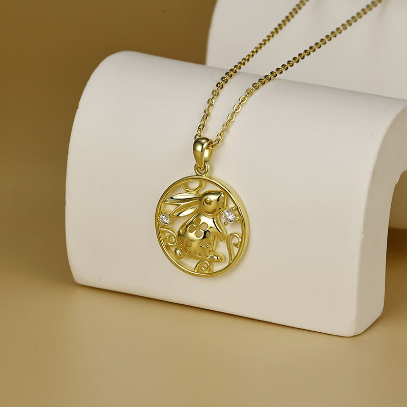 Rabbit with Zircon Hollow Circle Pendant Silver Necklace for Women