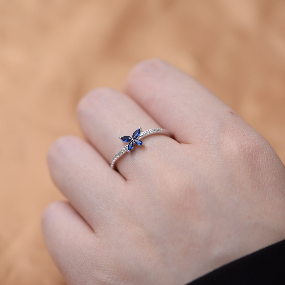 Blue Zircon Butterfly Slightly Curved Slim Sterling Silver Ring