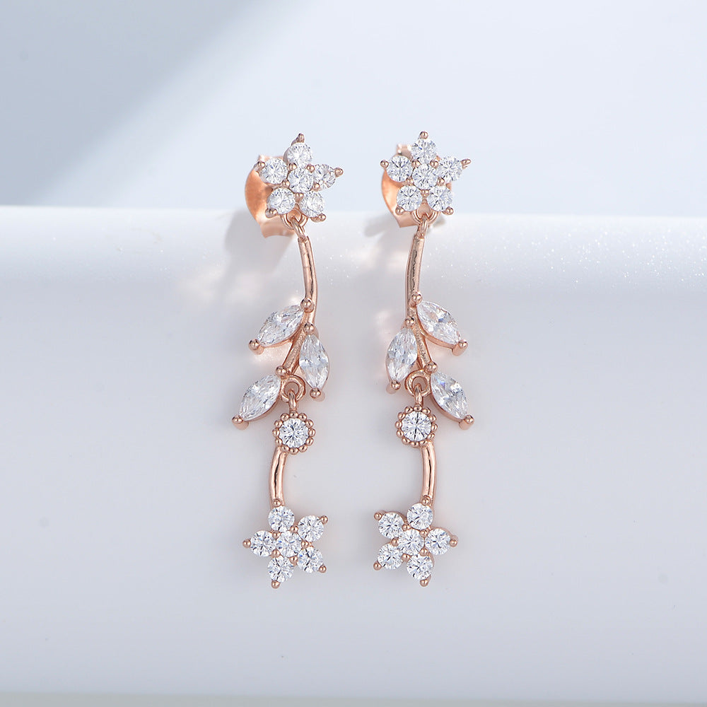 Long Leaf Flower Zircon Silver Drop Earrings for Women