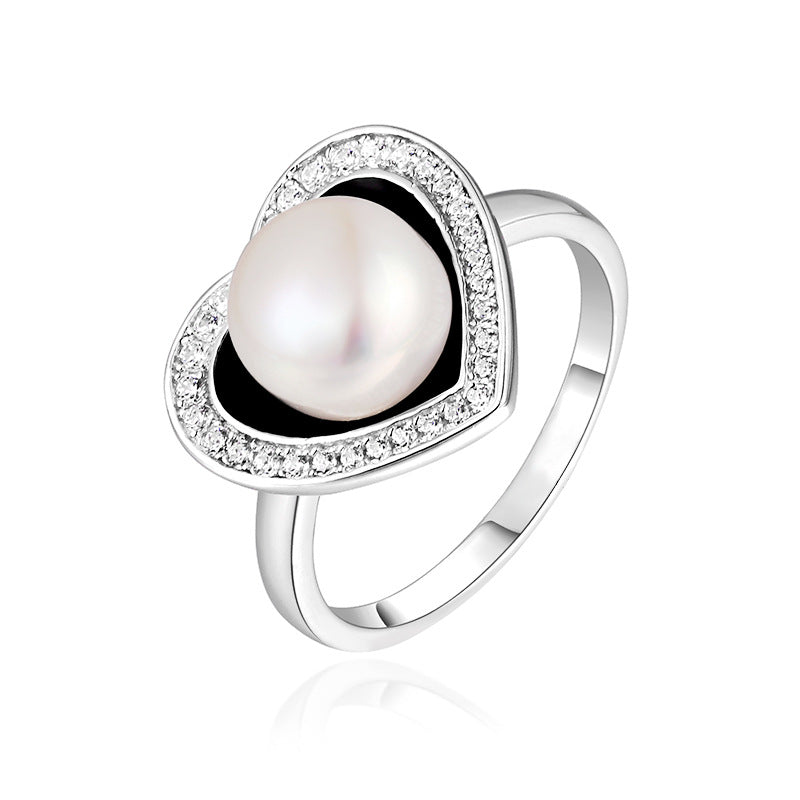 9mm Freshwater Pearl with Heart-shape Soleste Halo Zircon Silver Ring for Women