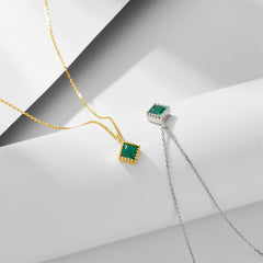 Square Emerald Green Zircon Pendant Silver Necklace