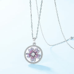 Purple Enamel Orchid Round Shape Pendant Zircon Sterling Silver Necklace