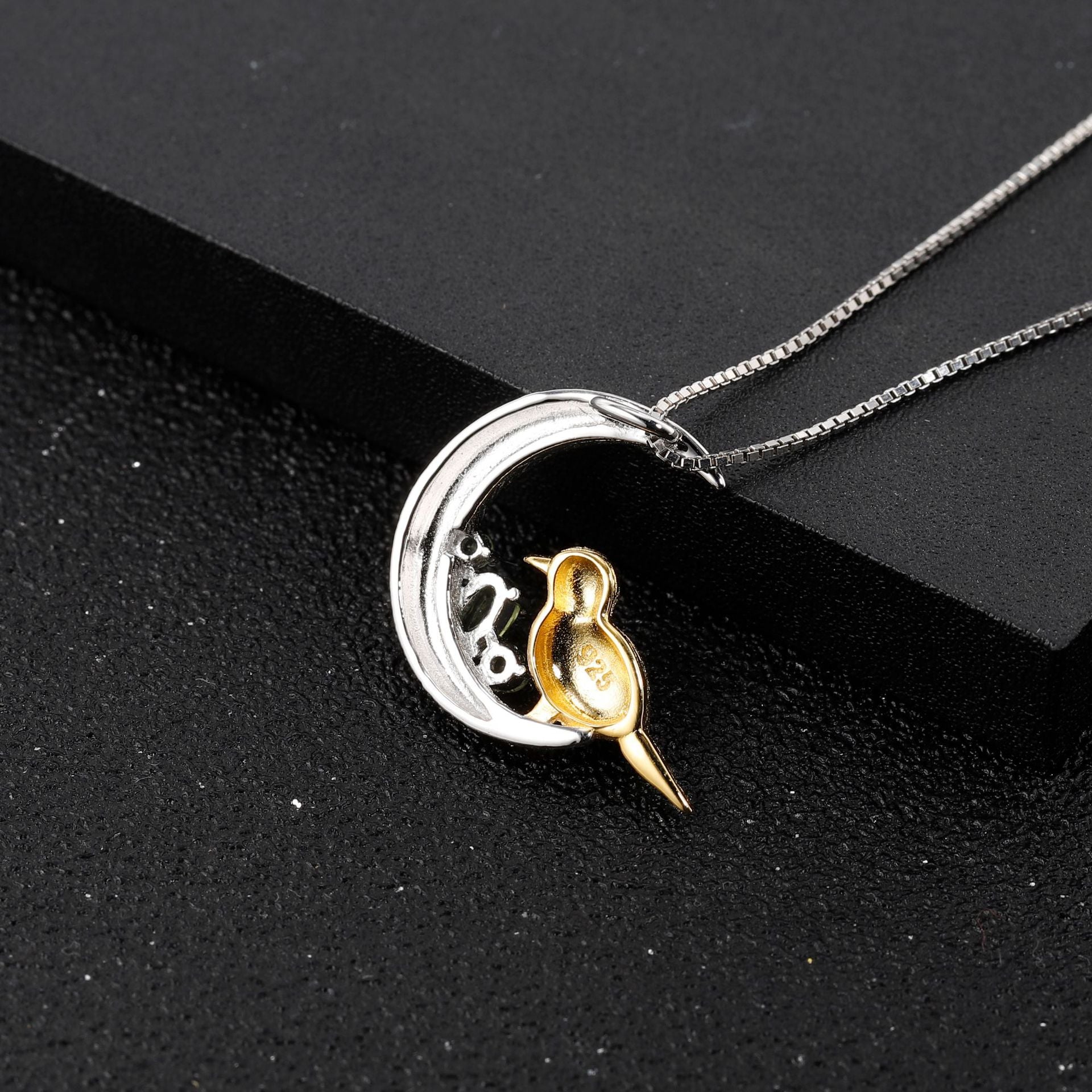 National Style Natural Colourful Gemstone Bird and Crescent Pendant Silver Necklace for Women