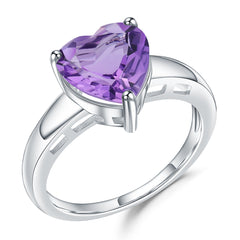 Natural Amethyst Heart Shape Solitaire Silver Ring for Women