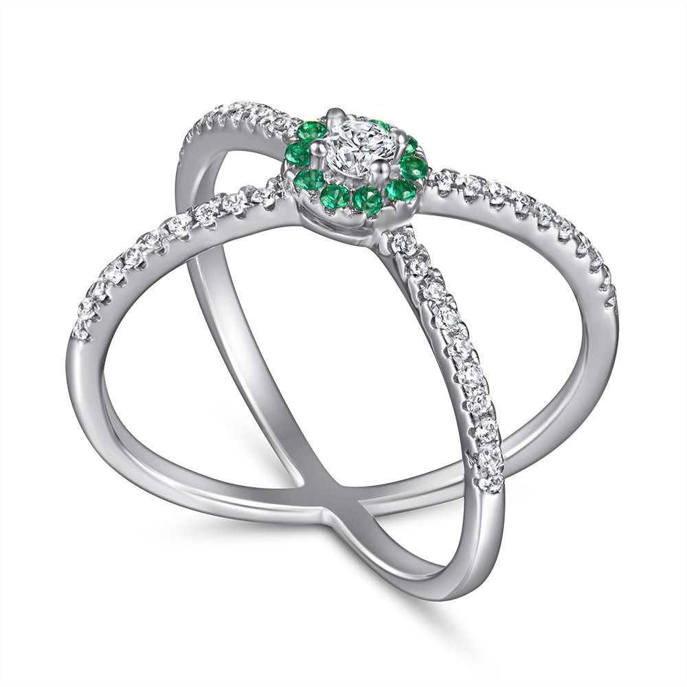 Green Zircon X-shape Exaggerated Silver Ring for Women