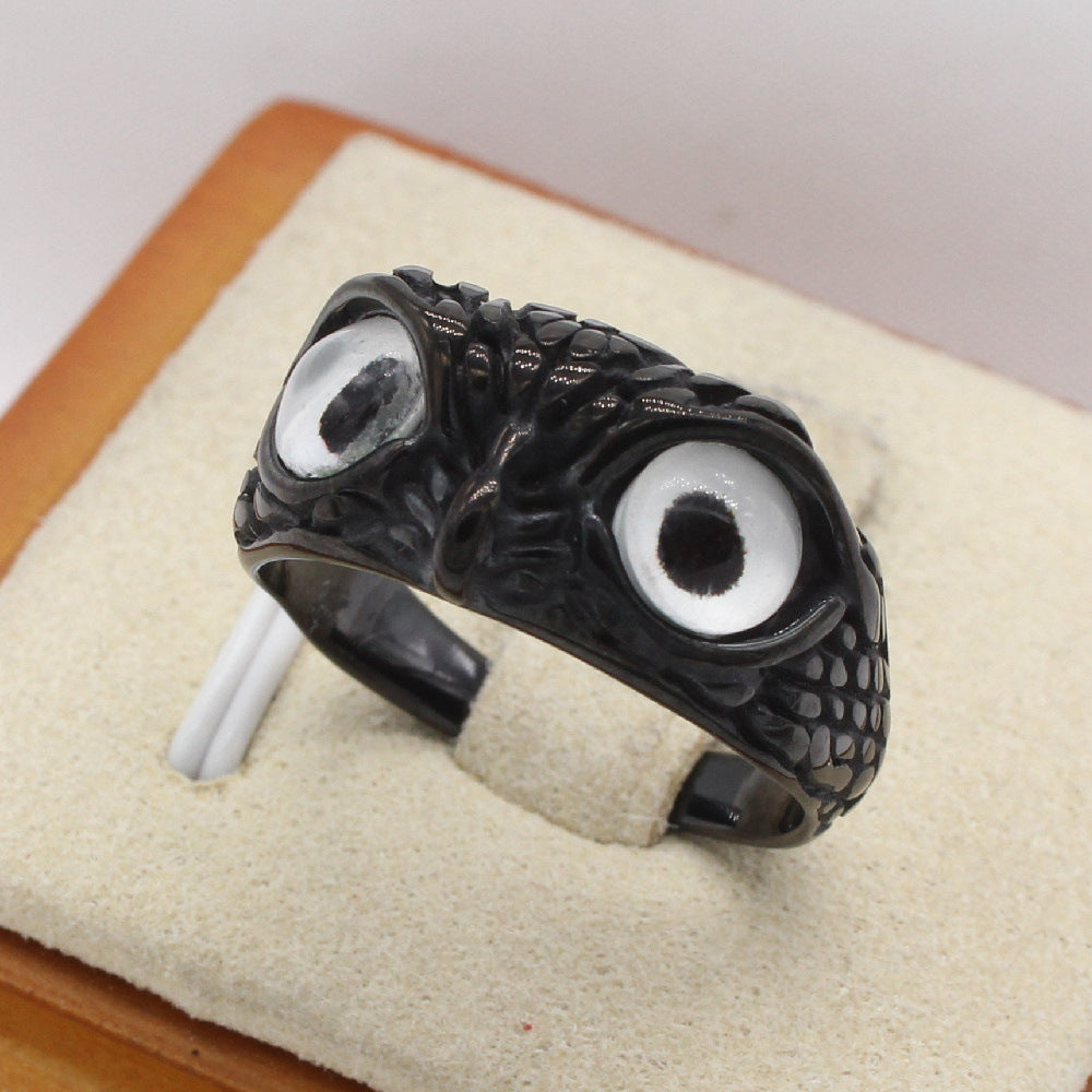 Black Owl Face Titanium Steel Ring for Men