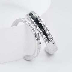 Black and White Irregular Folds Textures Silver Couple Ring for Women