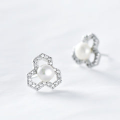 Zircon Hollow Geometric Shape with Freshwater Pearl Silver Stud Earrings for Women