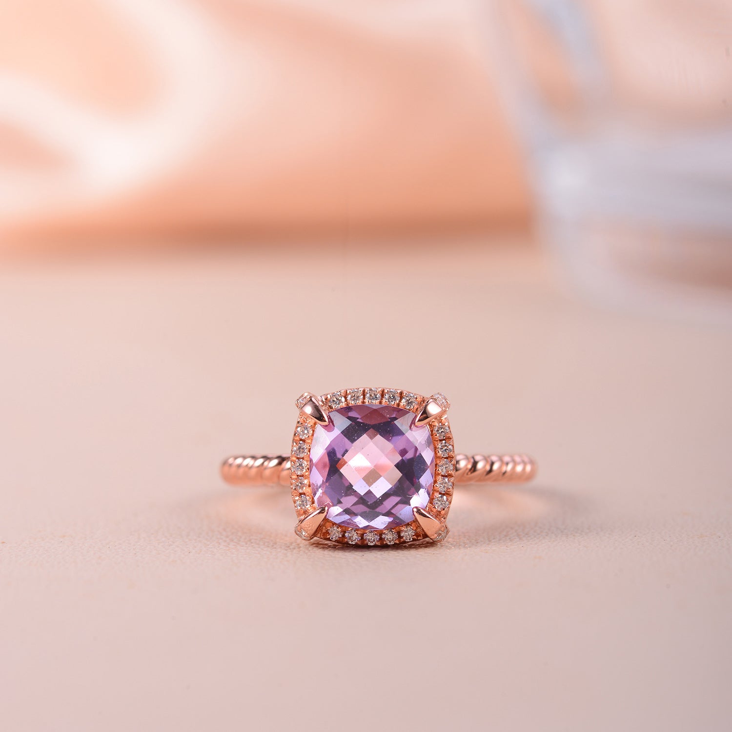 Soleste Halo Square Natural Amethyst Silver Ring