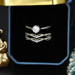 Round Zircon Solitaire with Interweave V Shape Three-in-one Silver Ring Set