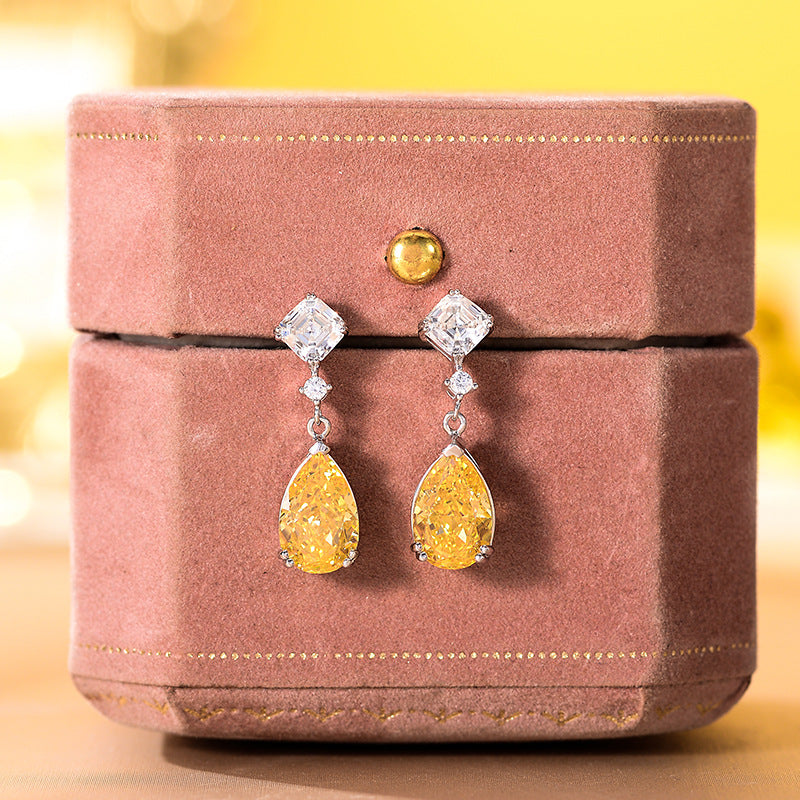 Yellow Pear Shape Zircon Silver Drop Earrings