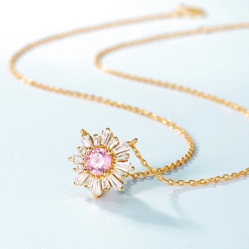 Zircon Pink Sun Flower Pendant Sterling Silver Necklace