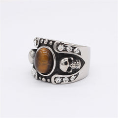 Halloween Skull Oval Tiger Eye Stone Titanium Steel Ring for Men