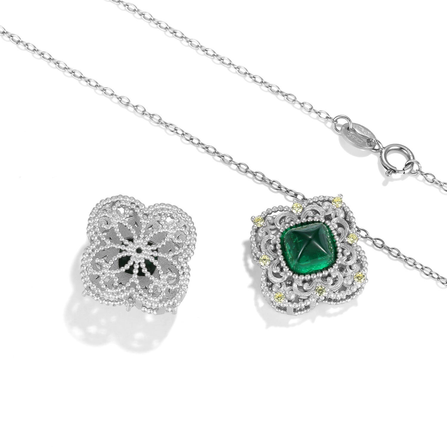 Retro Hollow Pattern Square Green Zircon Silver Necklace