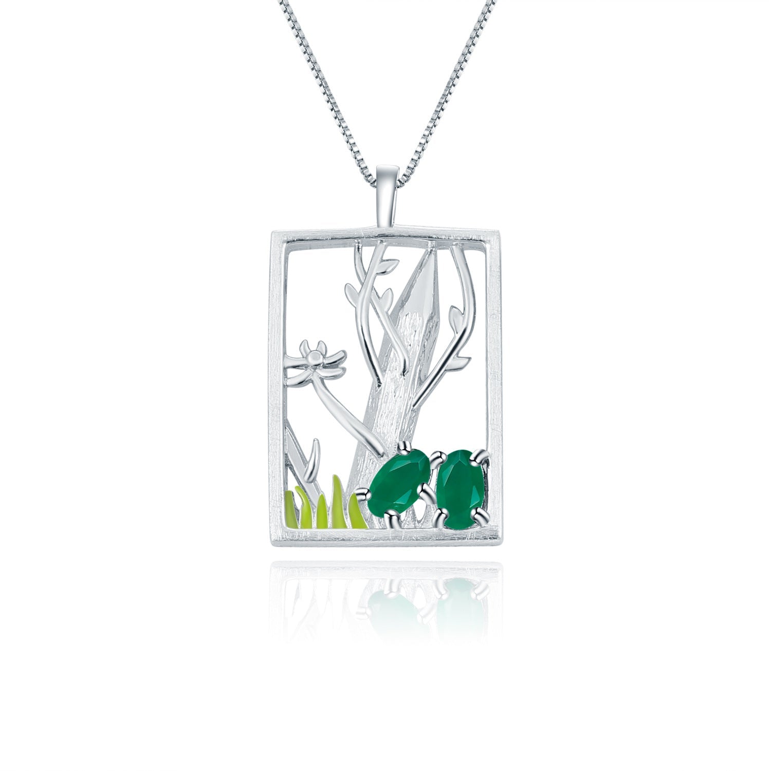 Natural Style Colourful Gemstone Rectangle with Forest Pendant Silver Necklace for Women